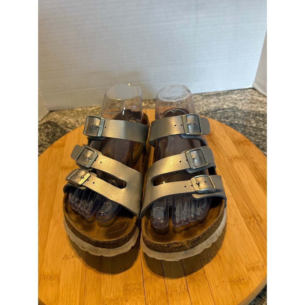 Betula by Birkenstock‎ Silver Metallic Triple Strap Buckle Sandals Womens 39